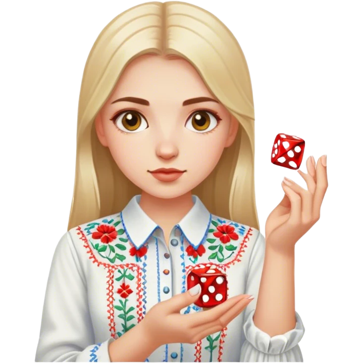 A Ukrainian girlin an embroidered shirt holds a dice in her hand emoji