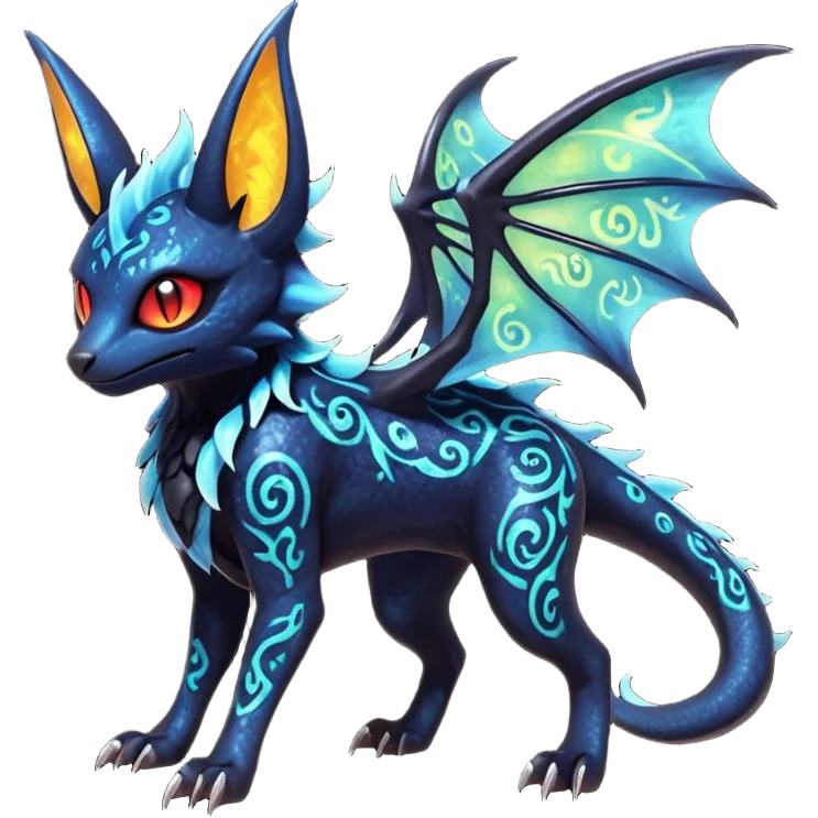 Shiny Fiery Dark Ugly Evil Realistic Glowing Eldritch Horror Cool Edgy Badass Emo Glorious Demonic Batty Dusky Ethereal Sparkly Shimmering Magical Punky Aural Iridescent Fluorescent Bioluminescent Litten-Amaura-Salandit-Noibat-Flareon-Fakémon-fusion (full body) with intricate pattern markings emoji