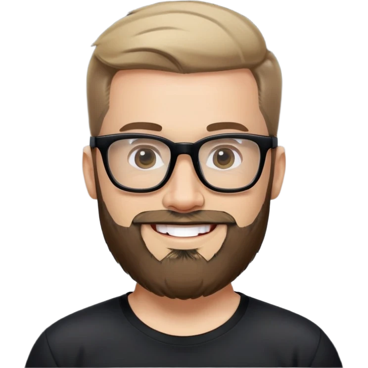 Light-skinned man with full beard, short hair brushed upward, big black glasses frames, happy smile, black sports shirt emoji