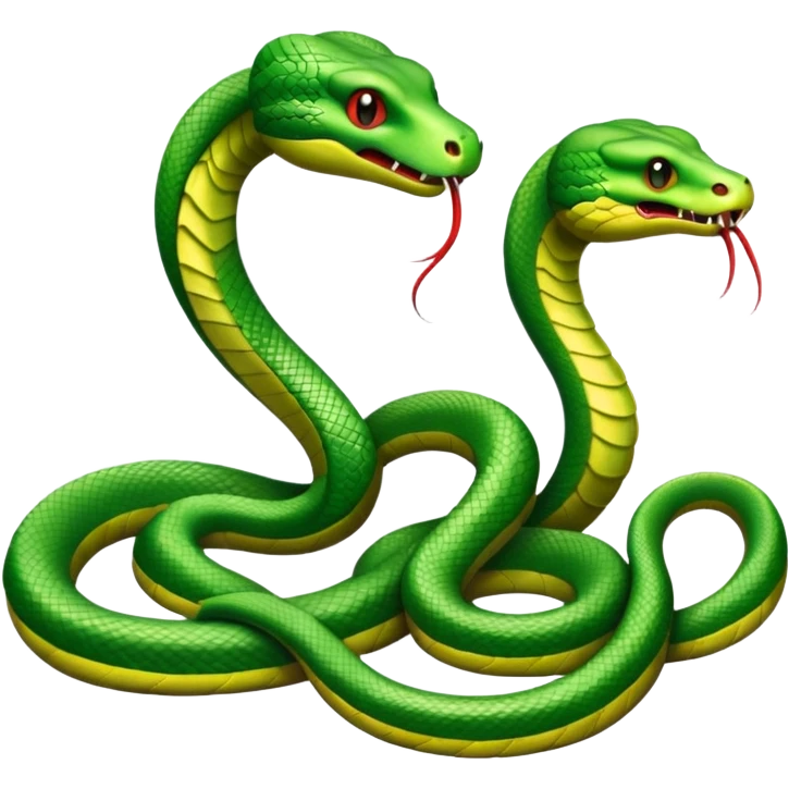 Two green snakes tangled at their tails, facing each other and hissing at each other emoji
