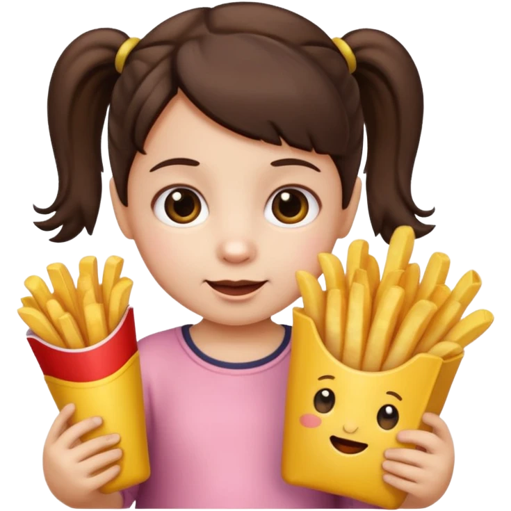 Toddler emoji with two pigtails dark brown hair, fair skin, holding French fries emoji