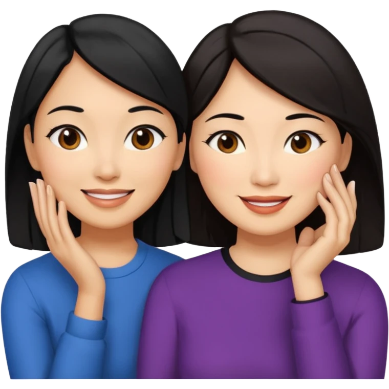 Middle aged light brown skinned woman with black hair, beside a middle aged asian woman with dark brown hair touching their cheek emoji