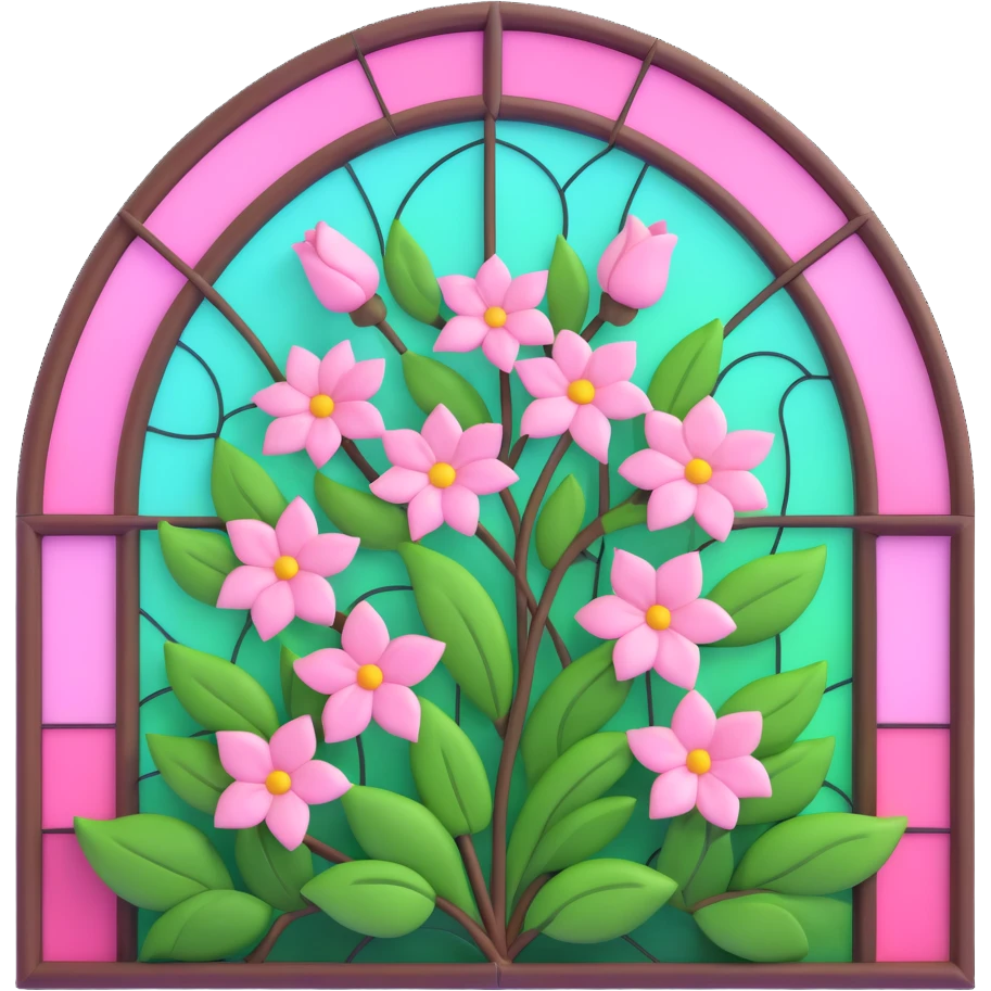 stained glass window with pink flowers and green leaves, arched shape, soft pink background, matching the reference image's composition and colors, 3D iOS emoji style emoji