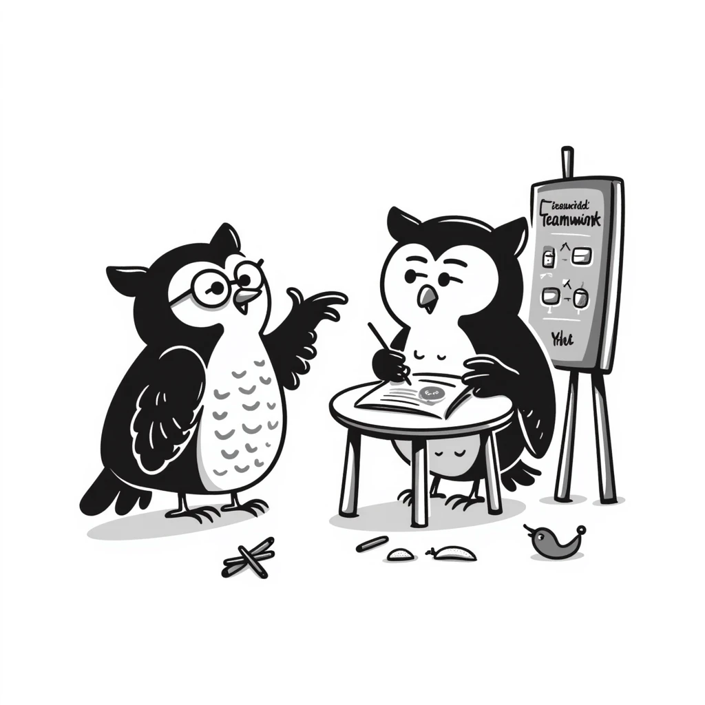 hand-drawn owls brainstorming together, teamwork emoji