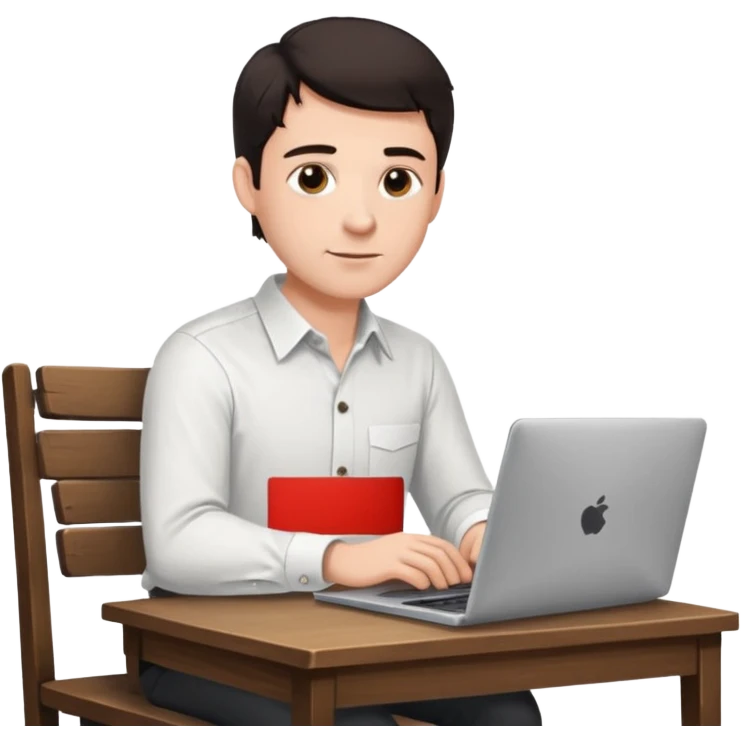 Rich man working setting on a chair in shirt, dark hair, and near the desk with laptop he is german very beautiful looks like emoji