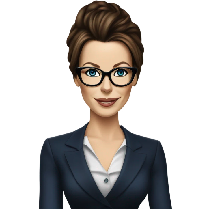 Hyper Realistic Kate Beckinsale dark blue eyes wearing glasses in a business dress drinking coffee happy  emoji