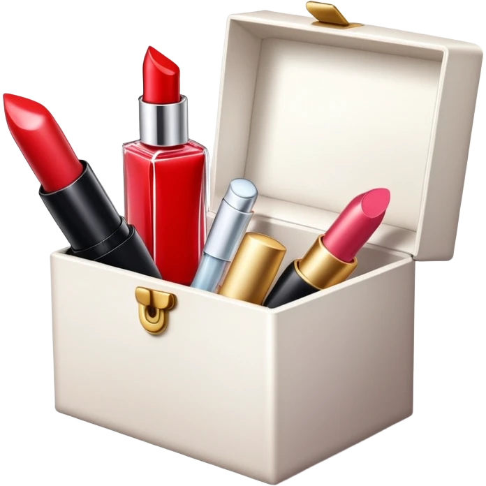 an opened box with a few beauty items such as lipstick and perfume emoji