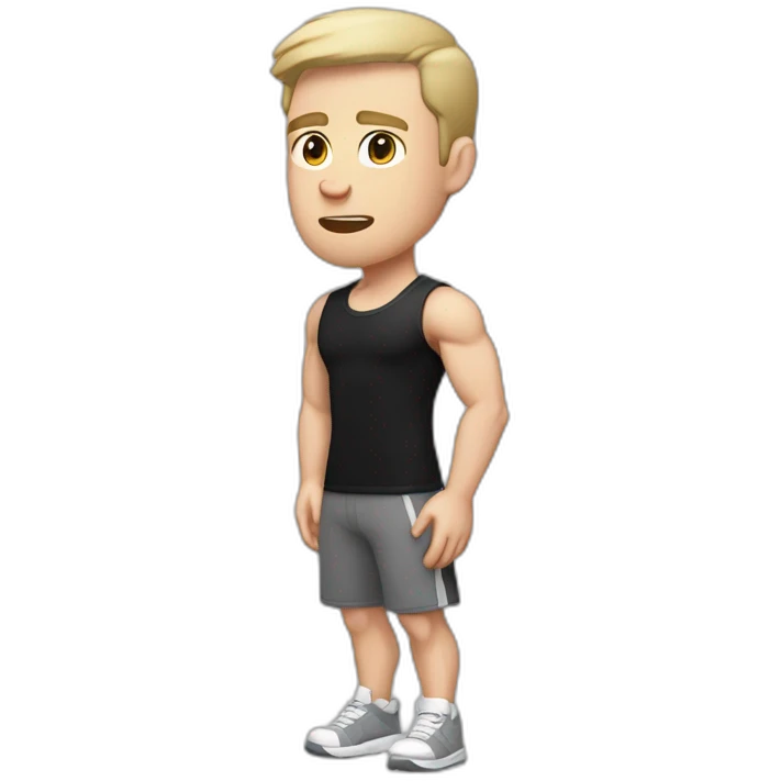 Confused Pale skinned Fit Man With the biceps and dark brown hair in black shirt, gray sports shorts and white Sneakers emoji