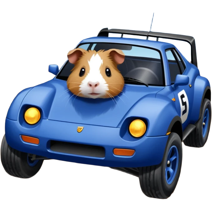 After-race-dirt-covered Midnight blue Local Motors Rally Fighter off road race car being driven by a five foot tall Guinea pig  emoji