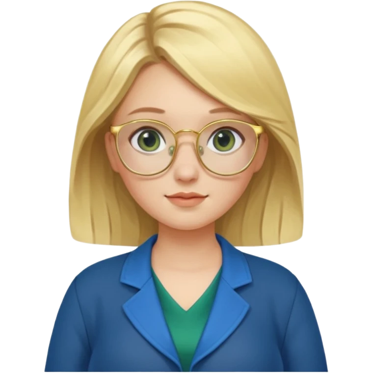 pregnant blonde 18-year old with golden glasses in a bright blue dress and a dark green jacket on top of the blue dress emoji