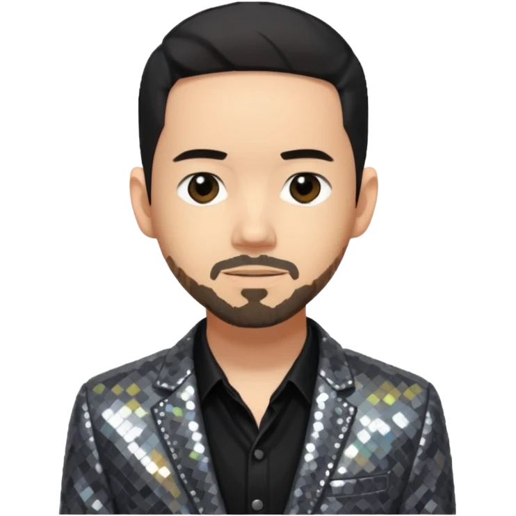 Mike Shinoda with sequin gray suit jacket with black shirt emoji