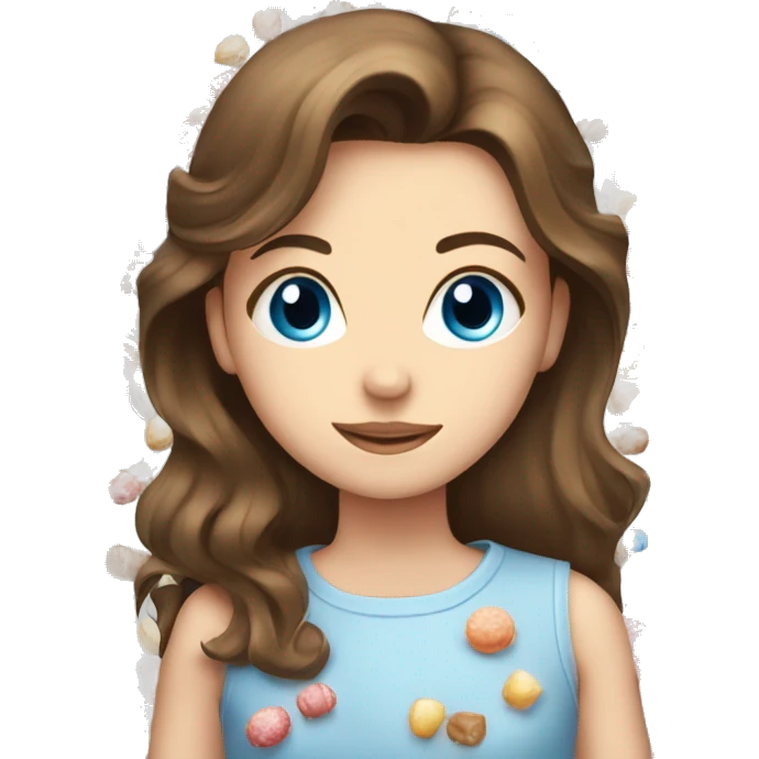 Beautiful brown haired girl with grey-blue eyes and sweets around her emoji