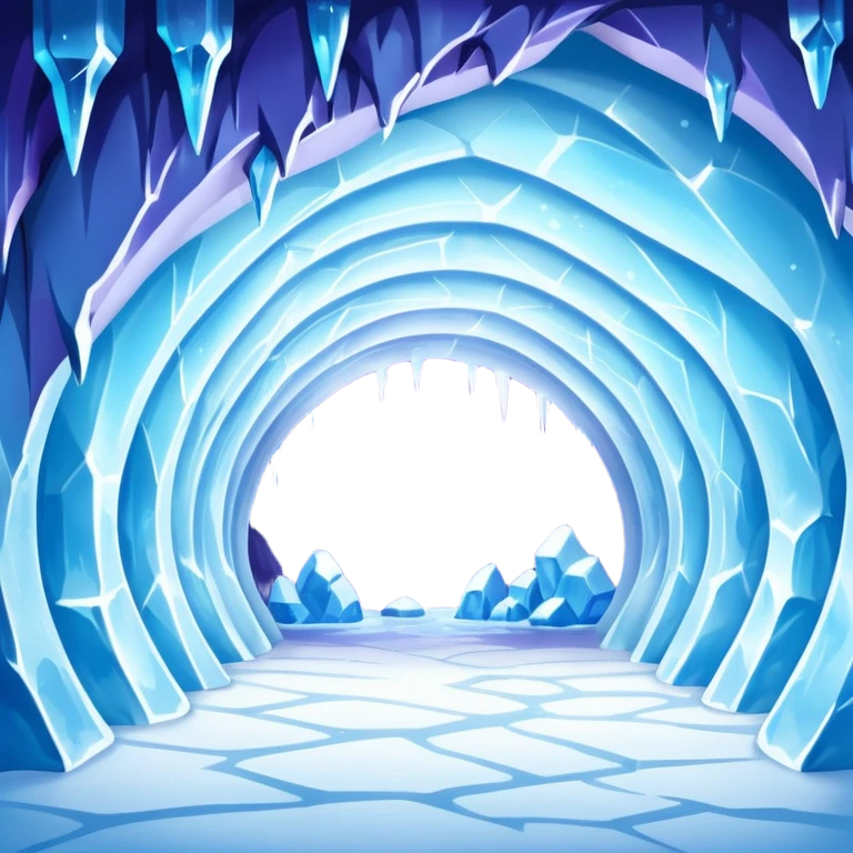 A breathtaking ice cave glowing with blue light, featuring smooth, curved walls made entirely of translucent ice. The interior reflects shimmering shades of blue and purple, with natural light filtering through the frozen surface. Realistic detail, cinematic lighting. emoji