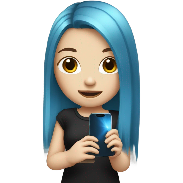 white skin girl with long blue hair in black clothes holding a phone emoji