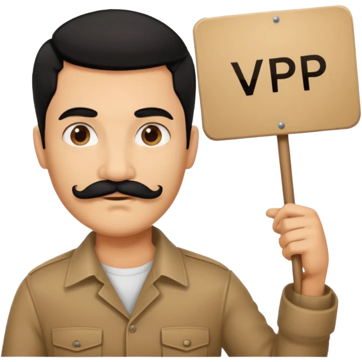 Black haired man with black mustache holding a sign that says VP emoji
