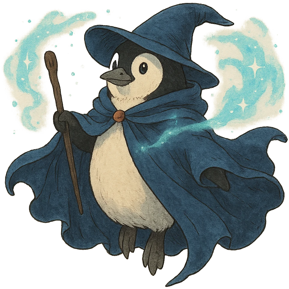 ghibli style penguin wizard with a flowing cloak and magical aura emoji