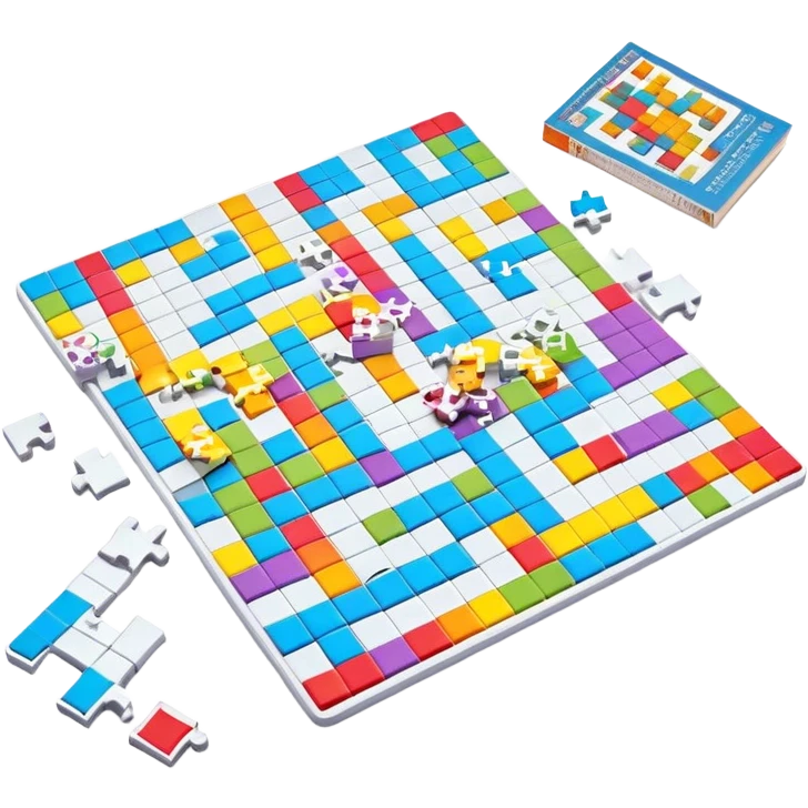 A photorealistic icon with a colorful, fragmented crossword magazine, a 3D puzzle, and a partially completed puzzle on a table. Bright, detailed design with realistic lighting. Transparent background, clearly symbolizing puzzles and brain games. emoji