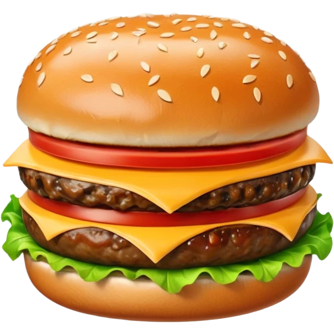 A classic single patty hamburger emoji,, glossy and colorful. Soft rounded bun with sesame seeds, one beef patty, fresh lettuce, tomato slice, melted cheese, realistic but cartoonish look, clean white background emoji