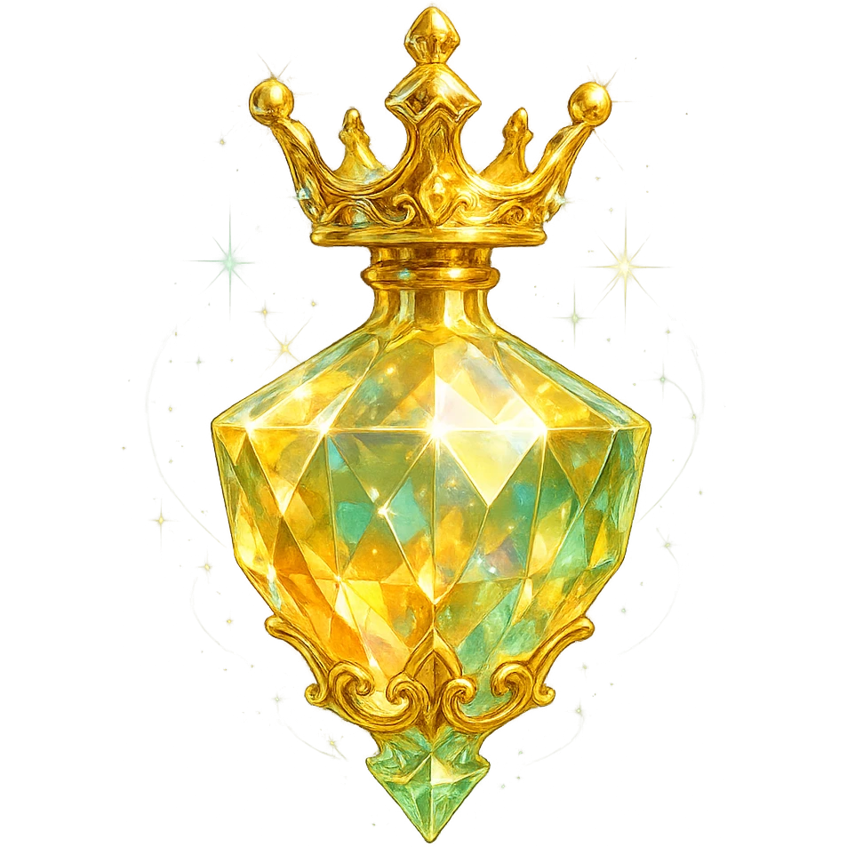 luxurious crystal elixir bottle shaped like a crown, pastel gradient of yellow, orange, and green, lots of shine, facets, ornaments, golden details, magical effects, very small golden neck, transparent background, beautiful merging base, clearly floating in air, no base or shadow, premium class impression, interesting design, fits a collection of crystal, luxurious, magical bottles emoji