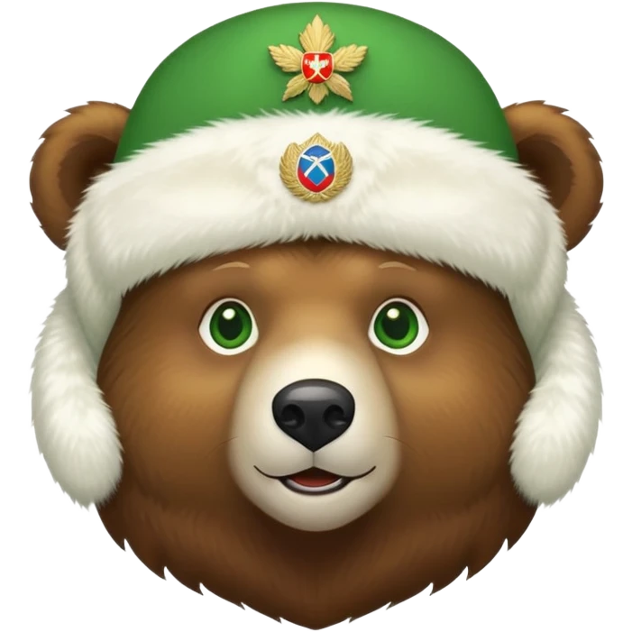 Endearing brown bear with bright green eyes, white fur ushanka hat with detailed Russian Federation emblem prominently displayed on front, iOS emoji style emoji