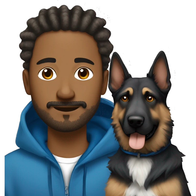 man with dreadlocks, mustache and goatee dressed in a blue hoodie alongside a brindle colored german shepherd dog emoji
