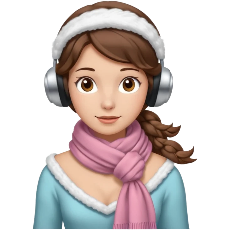 Victorian ice skater in a long dress. She is wearimg a scarf and earmuffs. She has boriwn hair. emoji
