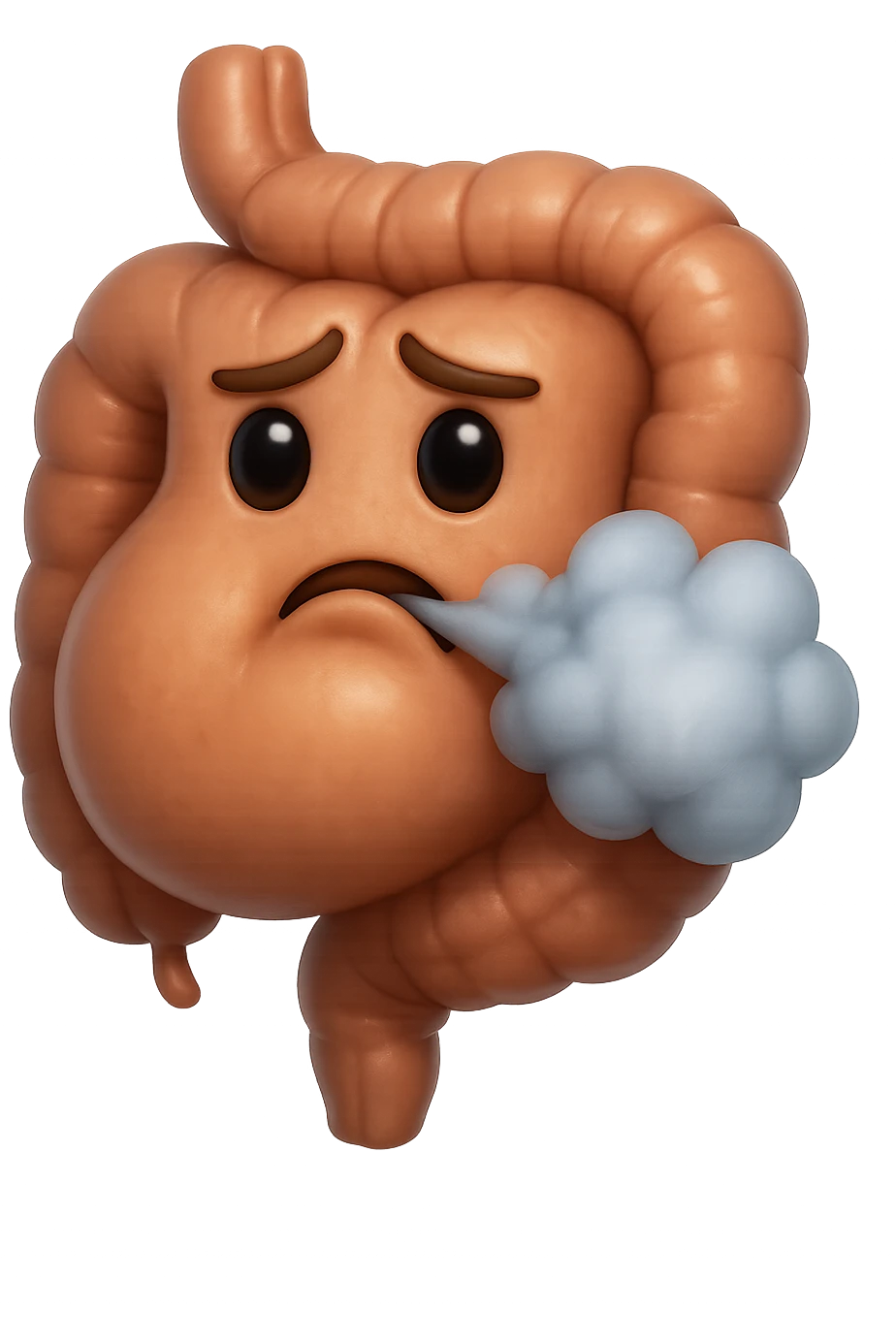 emoji stile iphone di un intestino che ingoia una nuvoletta di aria ben visibile e gli si gonfia la pancia, non fargli il naso, iperrealistico 4k emoji