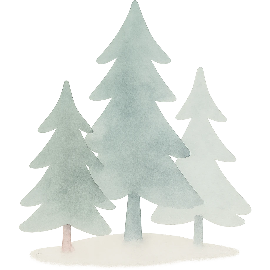 logo style illustration of evergreen trees in folk art style, neutral color tones, watercolor texture emoji