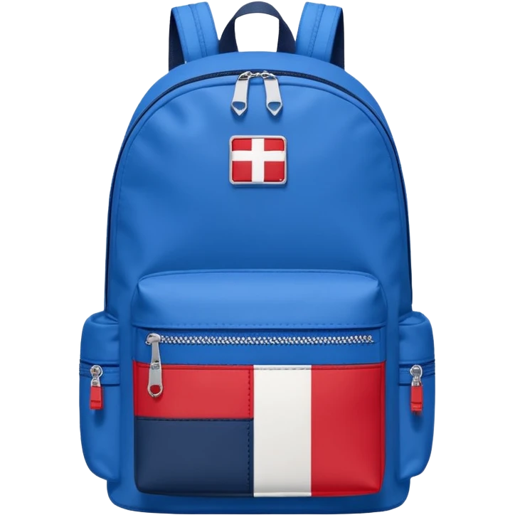 simple blue backpack, at the bottom pocket there is a  logo featuring a Tommy Jeans-inspired logo. The logo looks like A red and white vertically split flag-style patch on the bottom pocket.
 emoji