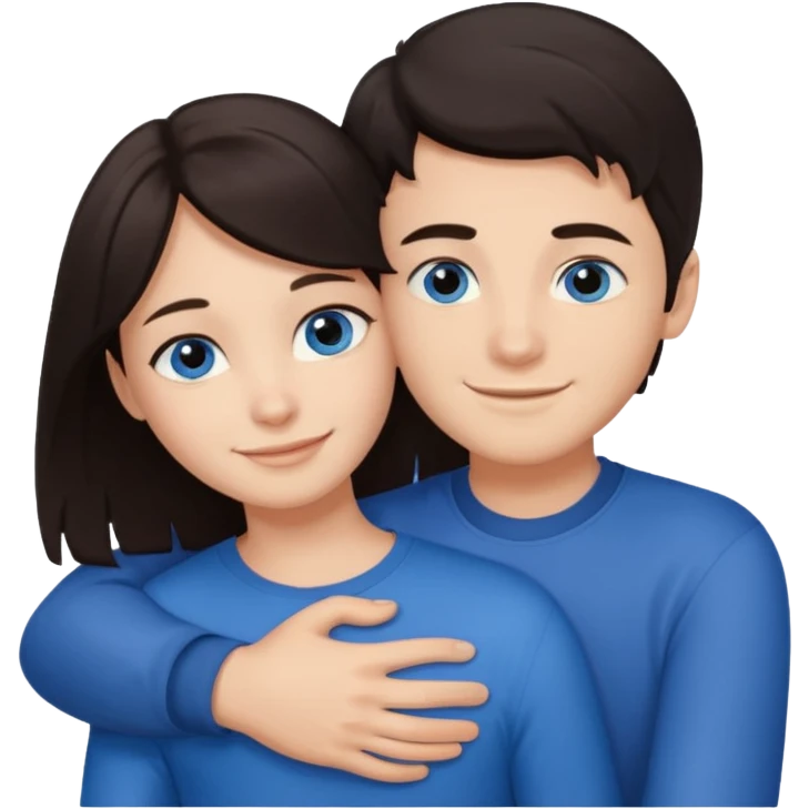  Chłopak z ciemnymi włosami i z ciemnymi oczami przytulający się do brunetki z niebieskimi oczami emoji