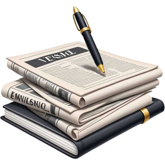 Create an emoji representing journalism and publicistic writing. The design should feature a stack of newspapers as the base, with an open working notebook placed on top of them. A single fountain pen should rest on the very top of the notebook, symbolizing the act of writing. Use neutral, professional colors like black, white, and muted tones to convey a sense of seriousness and intellect. Do not include any emojis or smiley faces. Make the background transparent. emoji