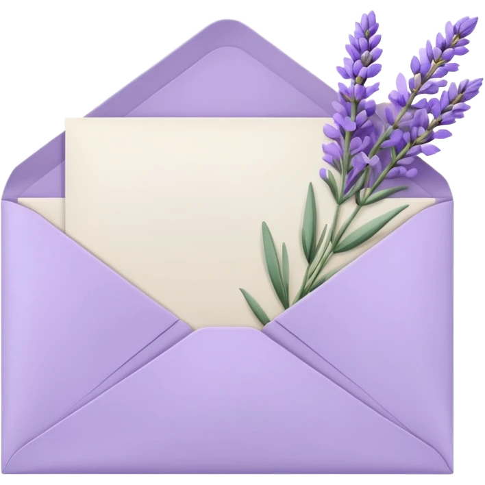 Pastel light whitish purple envelope with some white papers, and lavender flowers laying on top  emoji