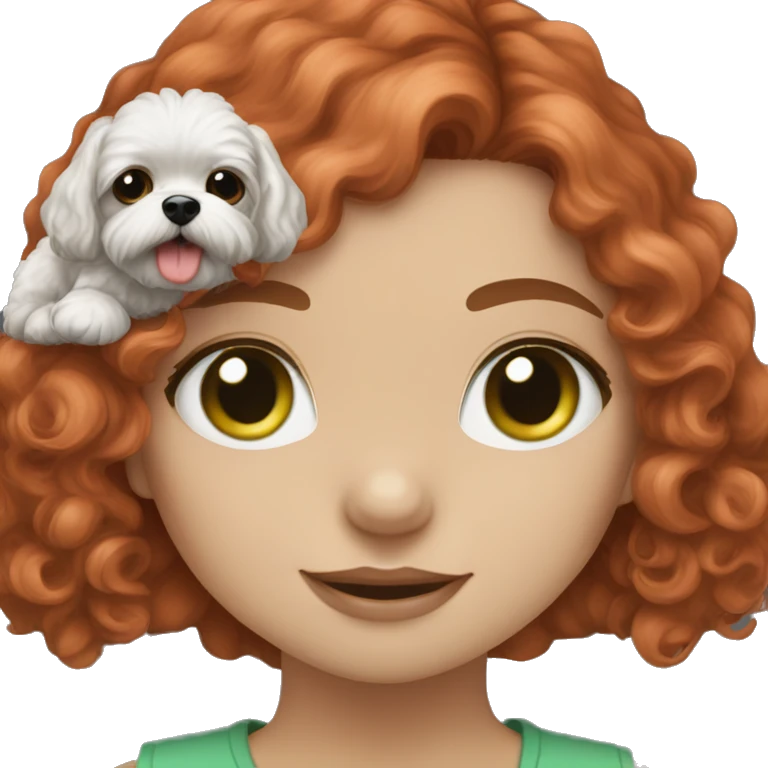 red haired girl with green eyes with her two black and white Maltipoo dog emoji