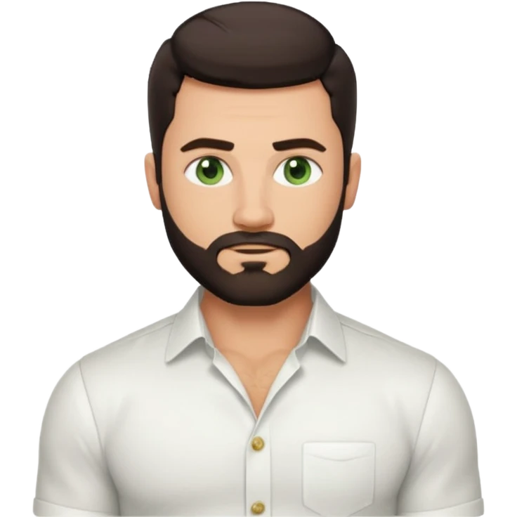 Man with a short full beard, Styled hair, Best looking man in the planet, onepiece style dark hair, green eyes, more realistic style more maskulin. Wearing a white formal shirt, first buttons open macho style, muscular

 emoji