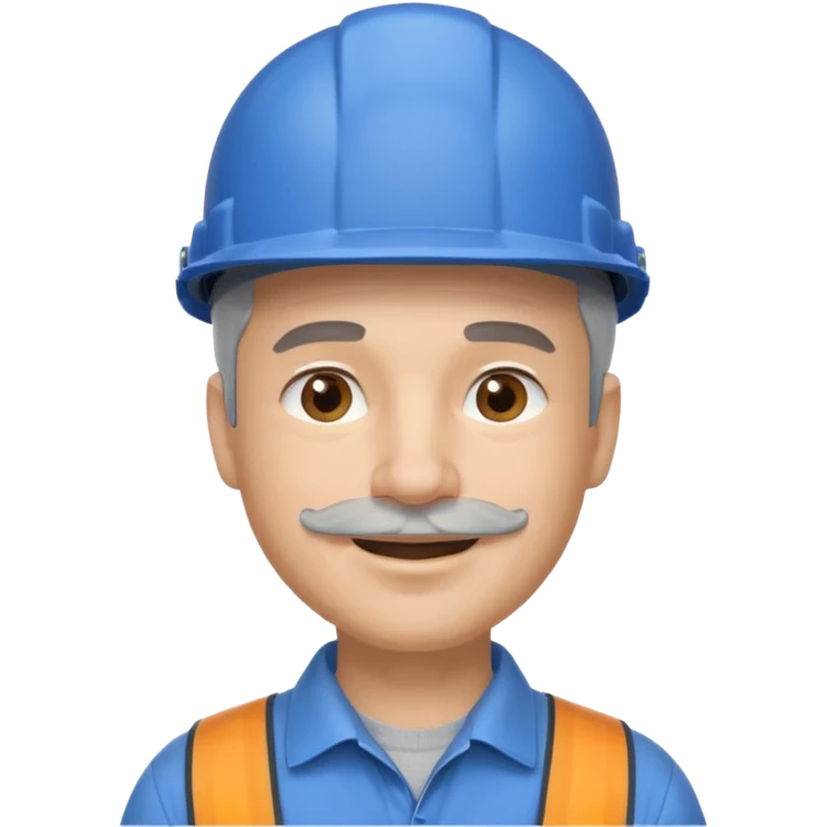 A man emoji with light skin, wearing a blue construction helmet, short gray hair on the sides, straight eyebrows, brown eyes, a small nose, and a thin short straight gray mustache above his smiling mouth. emoji