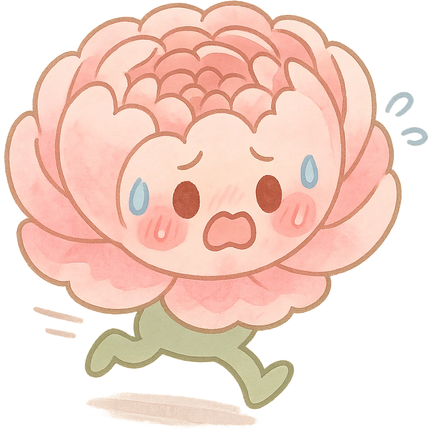 round chibi pastel pink peony, blushing, panicked expression, dashing with small legs, full-body, pastel tones emoji