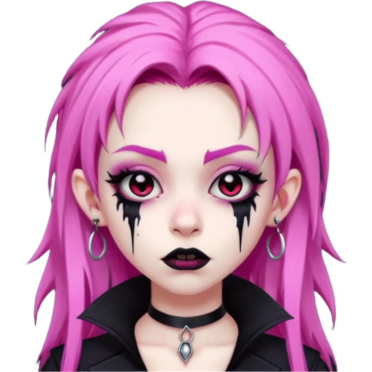 girl, pale black vampire, pink hair, very long, shaggy, dark, spooky,double eyebrow dermal piercing, creepy expression emoji