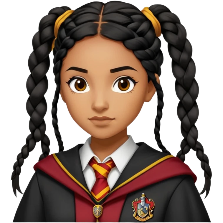 Angelina Johnson in harry potter, wear hogwarts gryfindor uniform,  thick, black hair worn in braids, reflecting her bold, stylish, and strong personality emoji