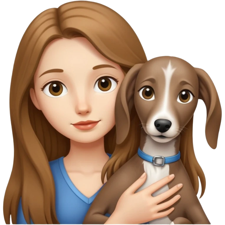 A long-haired girl is holding a little greyhound emoji