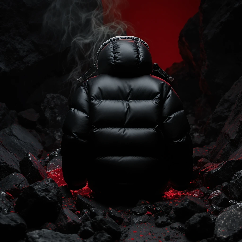 cinematic still of a black puffer jacket around black stone with red coal temeperature environment, back red light emoji