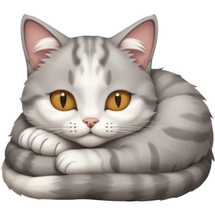 grey and white small cat with its eyes closed lying down with his paw curled under his head holding it up emoji