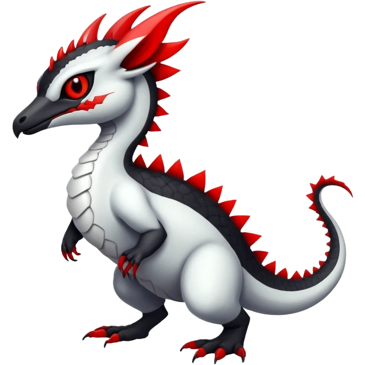 a white exotic edgy vernid-fionbr-Fakémon-creature, with black belly and red eyes, full body emoji