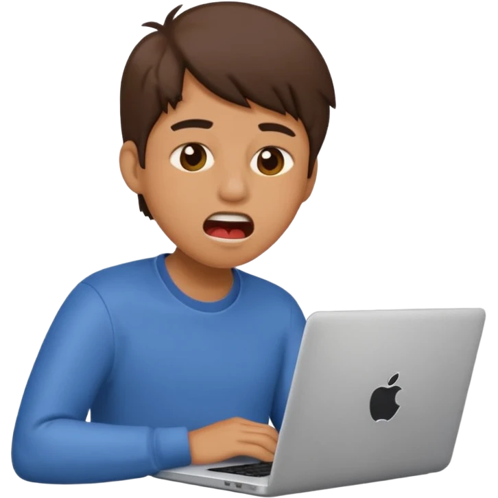 tired student with laptop, window at night behind, mouth open in exhaustion, apple style emoji emoji