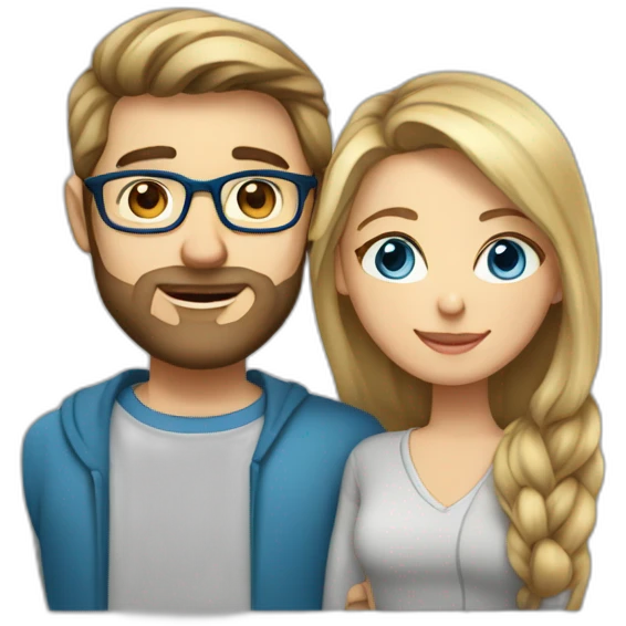 Couple in love. She has brown shoulder-length hair, blue eyes, wears glasses. He has short blond hair, three-day beard, wears glasses emoji