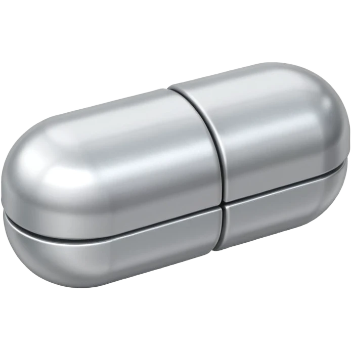 capsule pill emoji, metallic silver halves, smooth glossy finish, futuristic pharmaceutical 3D icon, isolated on white emoji
