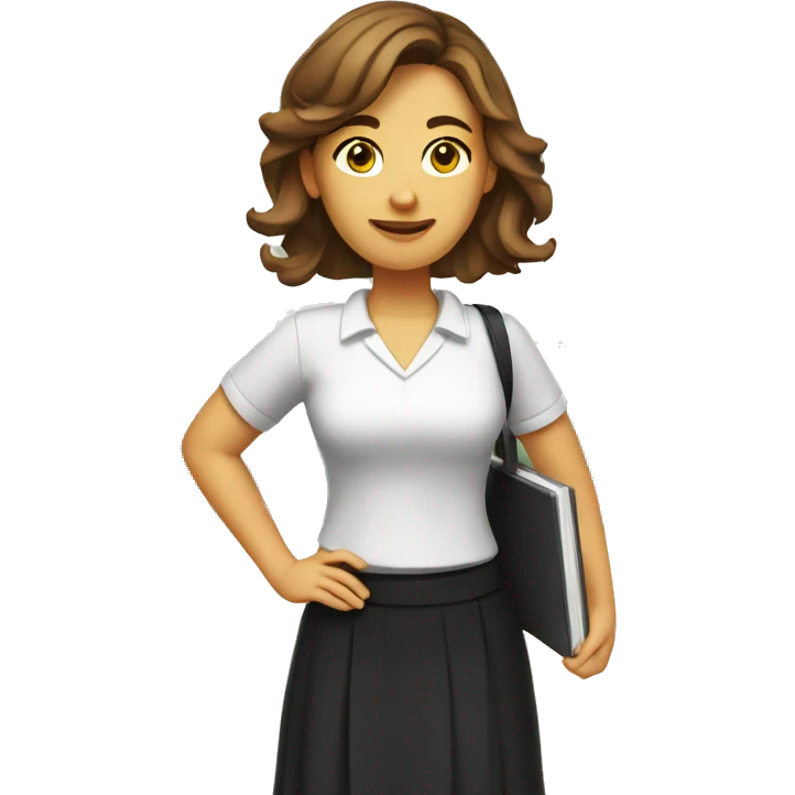 A female teacher with brown hair, standing and wearing black skirt and white cool tshirt emoji