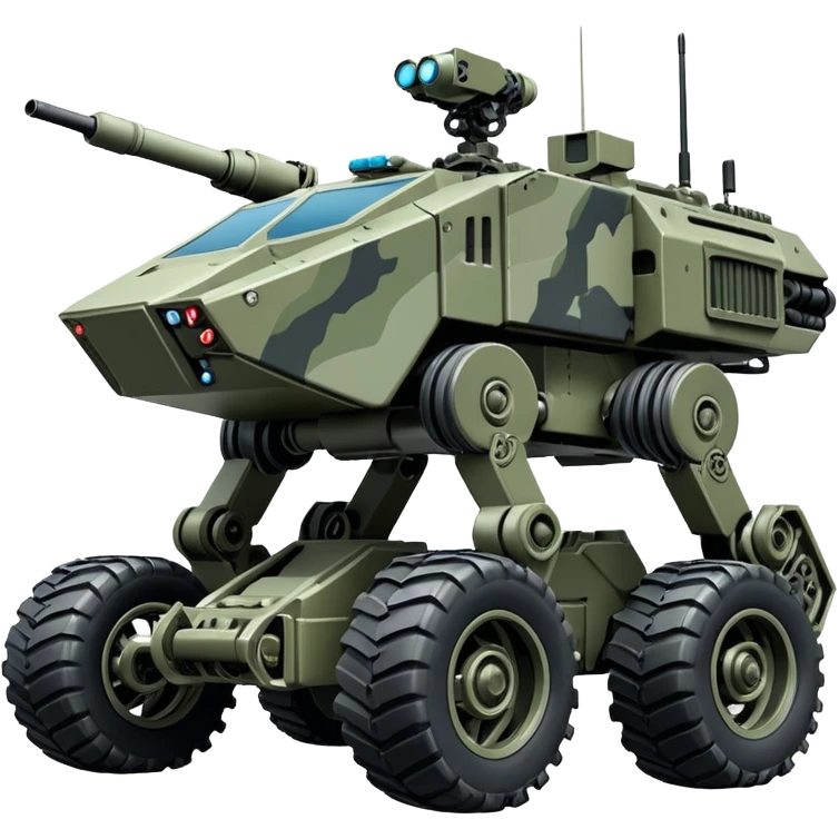a roomy American 4-wheel armored medical personnel stealth camouflage army massive mech trail vehicle shooting forward side-hill leaning actively articulating hydraulic independent suspended pod gimbal enemy mech off-road racing rover with large fast engine RC basher crawler megatron  emoji