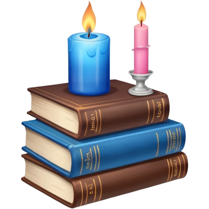 stack of books with a blue candle, pink crystal and brown moon mug. emoji