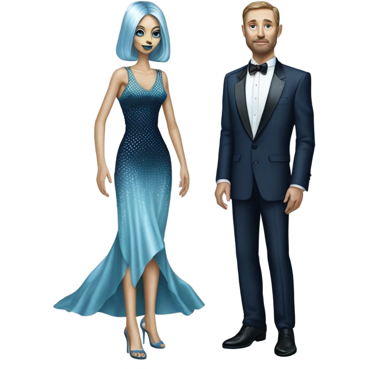 reptilian alien woman, in long slim pastel blue formal party satin dress with gradient shiny sparkling navy blue diamonds embroidered , and caucasian man in black dress emoji