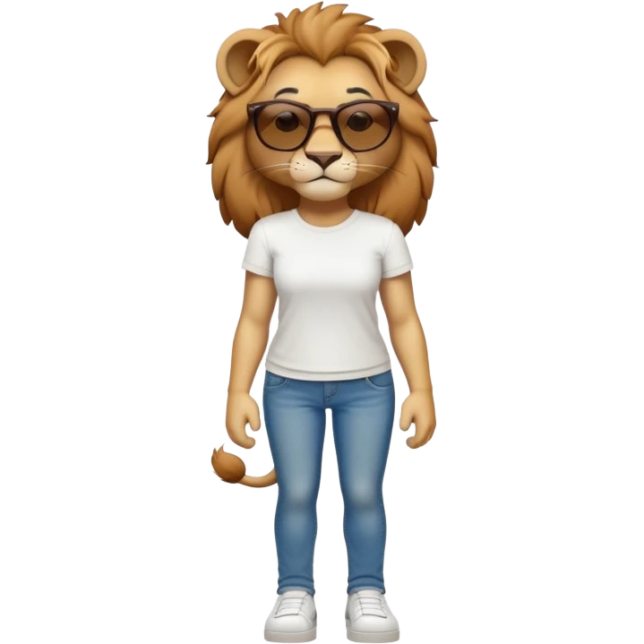 friendly anthropomorphised female lion character, full body, standing confidently with legs shoulder width apart and arms folded, wearing jeans, a white t-shirt, and dark sunglasses, with a determined expression emoji